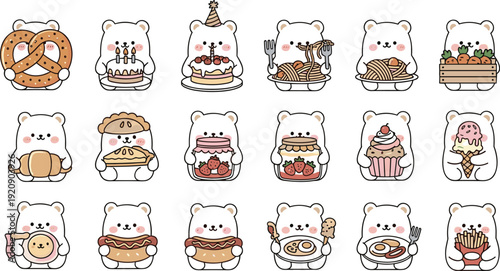Cute Bear Eating Different Foods Set Flat Vector Illustration Isolated on White Background