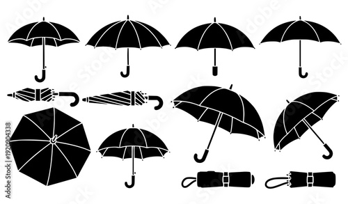 Umbrella Black Silhouette Collection Vector Rain Protection Icons Set