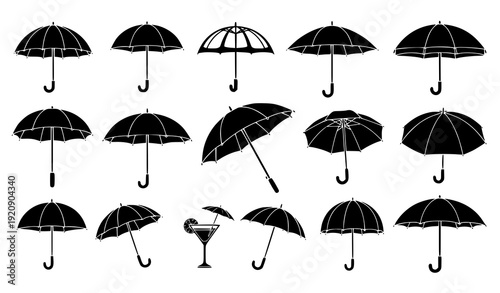 Black Silhouette Umbrella Vector Set for Rain, Beach and Outdoor Protection