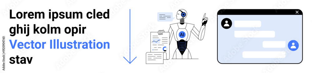 Fototapeta premium AI technology, robotics, chatbots, automated tools, digital communication, analytics. A robot processes data, alongside a chat window. AI technology and chatbots concept