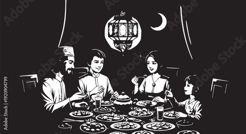 Muslim family enjoying a traditional meal together, united under the crescent moon and star symbol ,.star, family, children, gathering, together, love, home, illustration, ramadan, celebration, domest