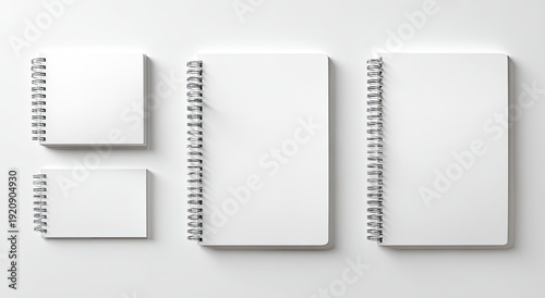 Four blank white spiral notebooks in varying sizes, arranged on a white background