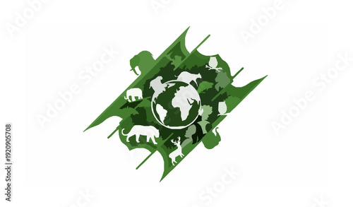World Animal Day globe with forest wildlife layered green paper cut vector isolated on white