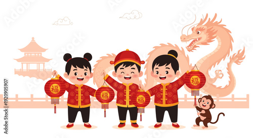 Cute Chinese New Year Kids Holding Fu Lanterns with Dragon Background. Happy Asian children celebrating Lunar New Year, vector illustration.