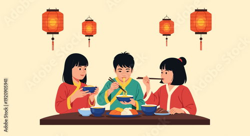 Lunar New Year Celebration: Asian Family Dinner, Eating Noodles and Traditional Food with Chopsticks, Festive Flat Vector Illustration.