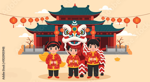 Happy Chinese New Year Kids and Lion Dance in Traditional Temple. Lunar Spring Festival Illustration with Lanterns and Gold Sycees.