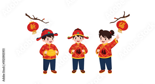 Lunar New Year Children Greeting Vector. Cute Kids in Traditional Chinese Red Outfits with Gold Ingot and Fu Symbol for Spring Festival.