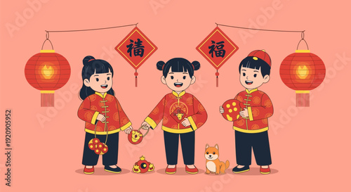 Happy Chinese New Year Children Celebrating Spring Festival. Cute Cartoon Kids in Traditional Red Tang Suits with Lanterns, Fu Scrolls, and Shiba Dog.