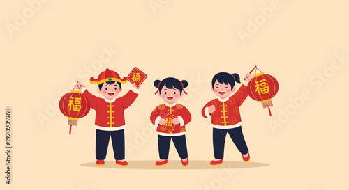 Joyful Chinese New Year Children Illustration. Kids in traditional red clothing holding lucky lanterns and Fu signs. Lunar New Year celebration vector art.
