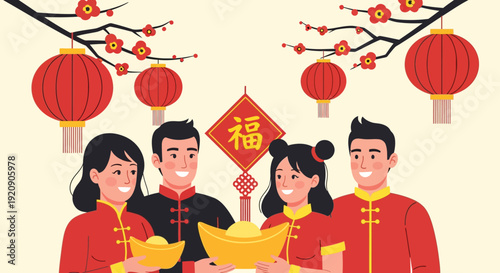 Happy Asian People Celebrating Lunar New Year Holding Gold Ingots (Yuanbao). Chinese Festival Illustration with Red Lanterns and Fu Symbol.