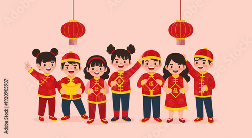 Joyful Asian Children in Traditional Chinese New Year Attire with Red Lanterns and Gold Ingots. Cute Vector Illustration.