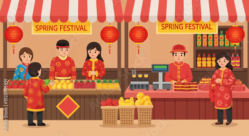 Festive Spring Festival Market Vector Illustration. Asian People in Traditional Clothes Shopping for Lunar New Year Fruits and Gifts at Outdoor Stalls.