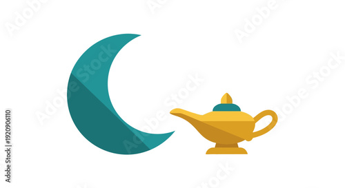 Golden Magic Genie Lamp and Teal Crescent Moon Icon. Aladdin's Wish Symbol Flat Illustration on White Background.