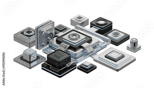3D rendering of various computer hardware components.