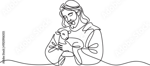 Continuous one line drawing of Jesus Christ holding a lamb in his arms.one line vector illustration with white background