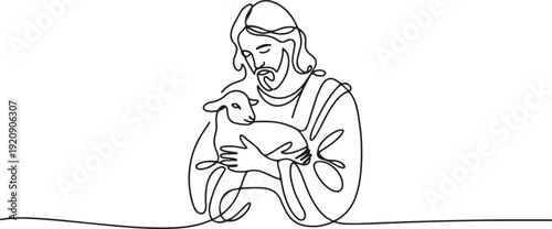 Continuous one line drawing of Jesus Christ holding a lamb in his arms.one line vector illustration with white background