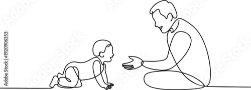 one continuous line drawing of a baby crawling towards his father.one line drawing of a baby getting to know the new world with his father.
