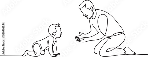 one continuous line drawing of a baby crawling towards his father.one line drawing of a baby getting to know the new world with his father..
