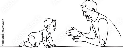 one continuous line drawing of a baby crawling towards his father.