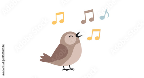 Cartoon bird singing melodious tunes with a joyful expression surrounded by colorful music notes in the air, creating a lively atmosphere.