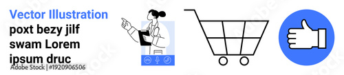 eCommerce, medical consultation, online shopping, user feedback, healthcare services, customer satisfaction. Shopping cart, doctor illustration thumbs-up icon. eCommerce and medical consultation