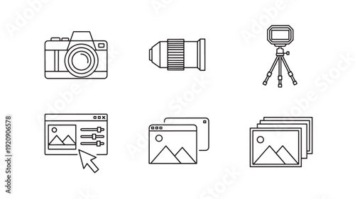 A collection of black vector icons representing camera, lens, tripod, and image editing software interfaces on a white background.