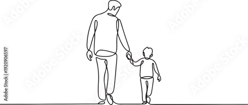 Continuous one line drawing of dad and son walking together, minimalist single line art illustration for Father's Day concept.one line vector illustration with white background