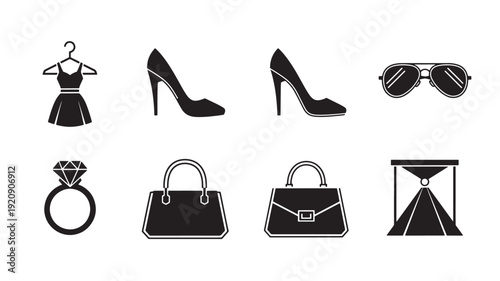Vector illustration of black and white fashion accessories including dress, high heels, handbags, ring, sunglasses, and abstract design on white background.