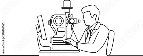 An ophthalmologist uses modern technologies to perform computer perimetry.one line vector illustration with white background