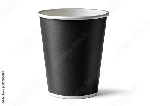 Isolated image of a tall, black paper cup with a white interior and rim