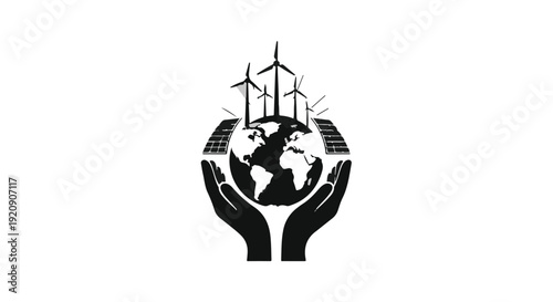 eco friendly sustainable energy concept with hands holding globe and renewable power sources
