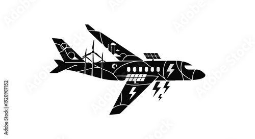 Black airplane with lightning bolts flying through geometric shapes