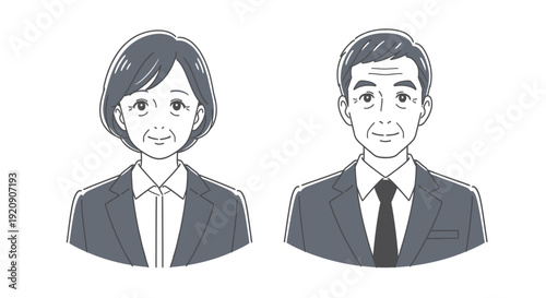 Business professionals man and woman in formal attire depicted in a cartoon style illustration together in a simplistic design. Both characters are dressed in suits.