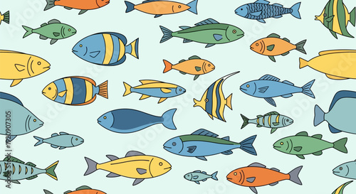 Seamless Pattern with Colorful Cartoon Fish on Light Blue Background - Playful Marine Life Illustration for Kids' Designs and Textiles