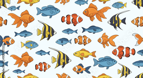 Vibrant Cartoon Fish Seamless Pattern. Playful Tropical Fish, Goldfish, Clownfish, and Angelfish for Kids' Designs & Aquatic Backgrounds.