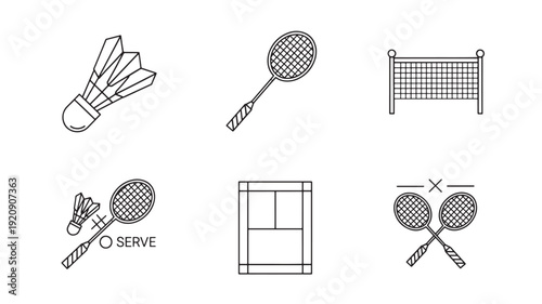 A collection of simple black and white vector icons depicting badminton equipment and gameplay elements, ideal for sports and fitness themes.