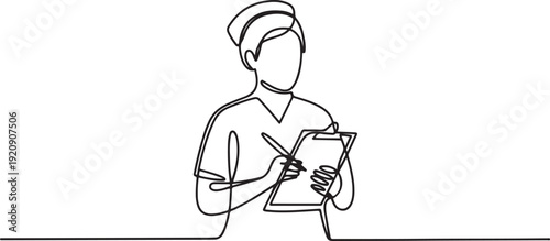 Continuous one line drawing of nurse holding medical report.one line vector illustration with white background