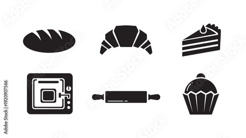 Collection of black baking icons on white background, including bread, croissant, cake, oven, rolling pin, and cupcake, perfect for culinary designs.