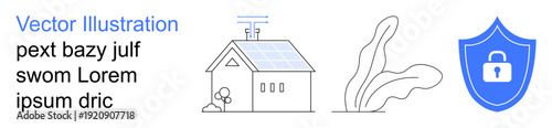 Renewable energy, real estate, eco-friendly living, smart home security, data protection, sustainability. A modern house with solar panels, leaves and a secure shield icon. Renewable energy