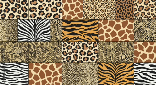 Exotic Animal Print Patchwork Background: Seamless Collage of Leopard, Zebra, Tiger, Giraffe, and Snake Skin Patterns
