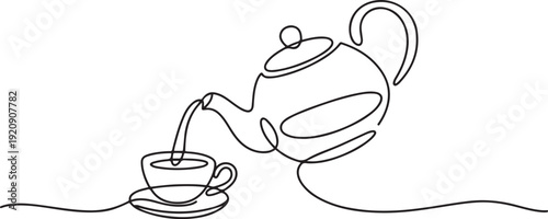 one continuous line drawing of a teapot pouring tea.one line drawing of a teapot.serving tea guest dishes,cafe,health tea.one line vector illustration with white background