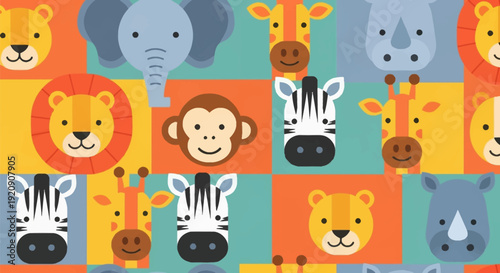 Cute Cartoon Safari Animals Seamless Pattern. Playful Flat Design Background with Jungle Wildlife Faces.