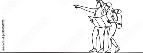 Continuous one single line drawing Adventurous Journey: Traveling Couple Explores with a Map.one line vector illustration with white background