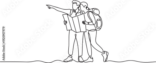 Continuous one single line drawing Adventurous Journey: Traveling Couple Explores with a Map.one line vector illustration with white background