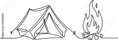 Minimalist continuous one line drawing of a canvas tent with large campfire flame in modern black outline art style .one line vector illustration with white background