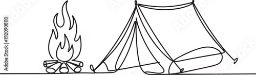 Minimalist continuous one line drawing of a canvas tent with large campfire flame in modern black outline art style .one line vector illustration with white background