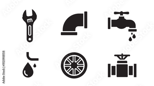 A collection of black vector icons representing plumbing elements like faucets, pipes, and valves on a white background.