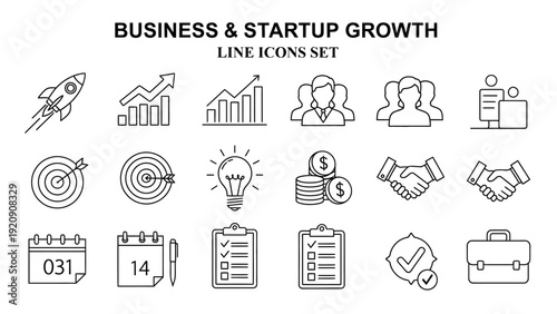 Business and startup growth roadmap outline featuring essential icons for successful strategic planning and development stages.