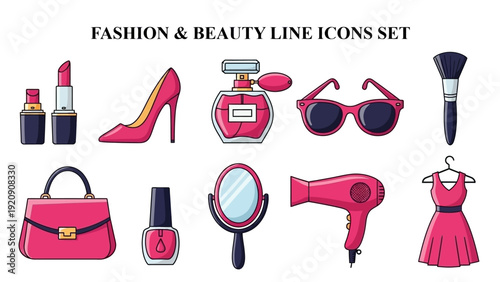Collection of vibrant pink and dark-toned women's fashion accessories and essential beauty care products displayed attractively.