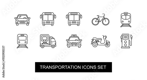Outline collection of minimalist transportation icons representing various vehicles and travel methods for graphic design projects.
